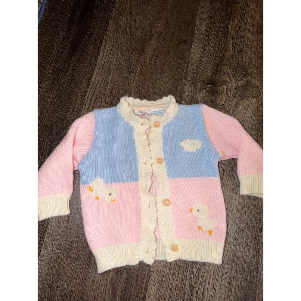 Primitive Knit Cardigan 6/9m Pink Kitten Yarn Vintage 80s Cute Duck Goose